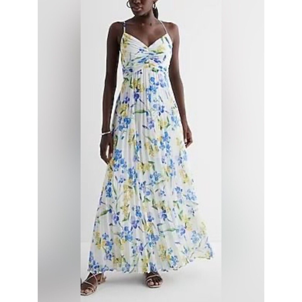 NWT Express Floral Maxi Dress in White with Blue & Yellow Flowers Size XS